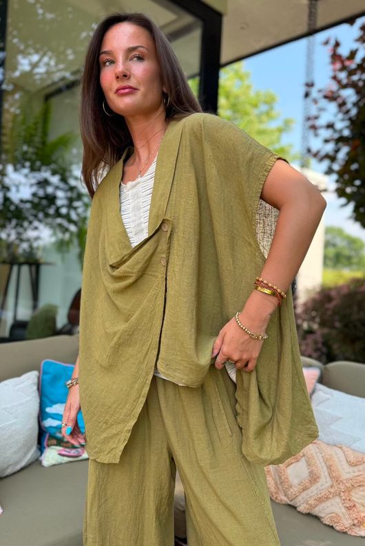 Sandbar Linen Blend Drape Front Cap Sleeve Gilet Deep Olive
